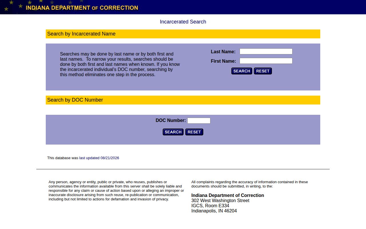 Indiana DOC offender search for Benton County state custody records